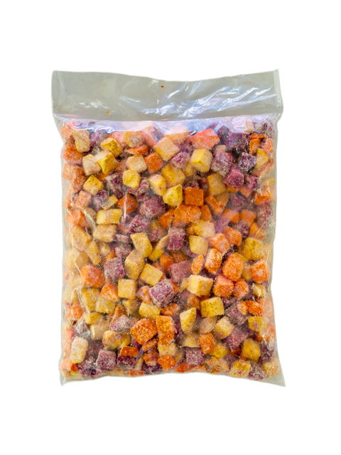 JOE & THE HARVEST SWEET POTATO TRICOLORE CUBES 20MM PRE-FRIED 1.81KG/6 — HONDURAS